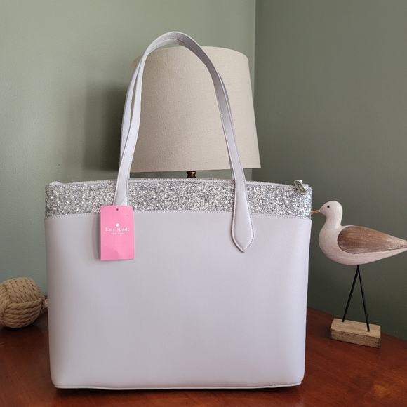 NWT Kate Spade K8706 Flash Glitter Tote Gray Saffiano Silver Glitter - Picture 1 of 16
